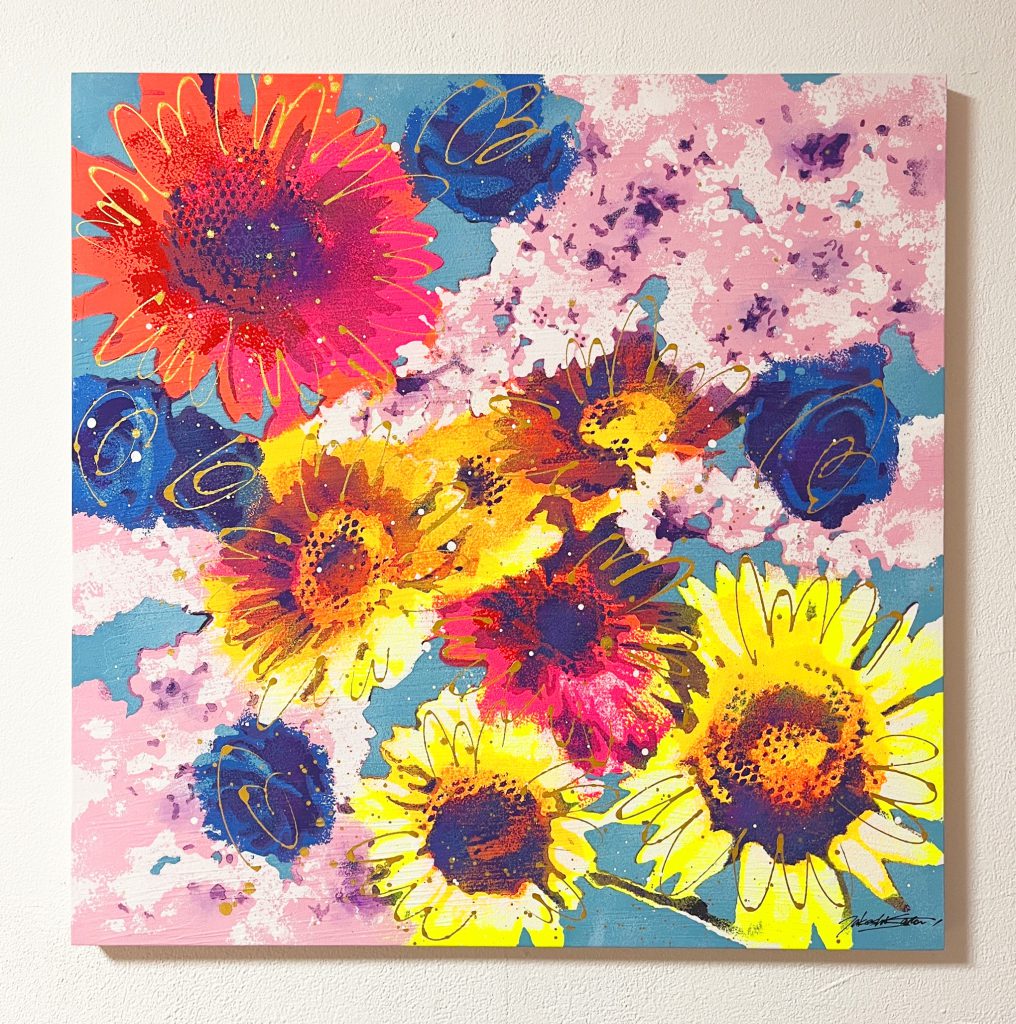 花柄の作品《Four Seasons》61×61cm/アクリル・木製パネル